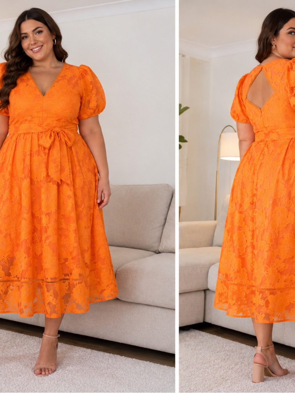 Lipsy Orange Lace V‑Neck Midi Dress with Puff Sleeves